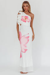 Deanna One-Shoulder Ruffle Maxi Dress Hibiscus White