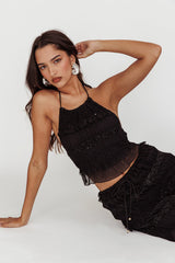 Helios Halterneck Shirred Sequin Top Black