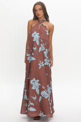 Cheer Backless Halter Maxi Dress Print Floral Chocolate
