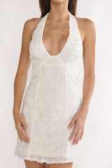 Averina Rosette Halterneck Mini Dress White