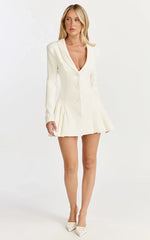 Bea Mini Dress - Collared Long Sleeve Fit And Flare Pleated Dress in Cream
