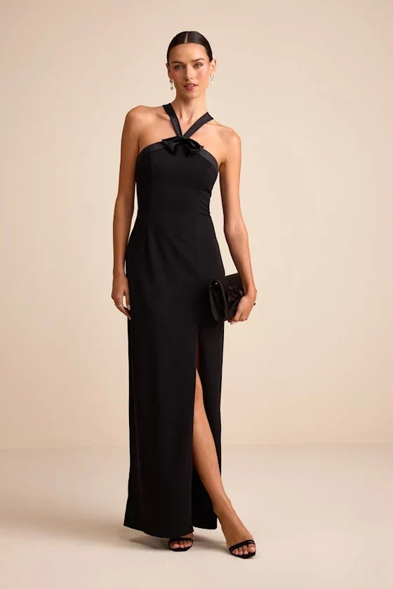 Bisian Black Velvet Bow Backless Apron Maxi Dress