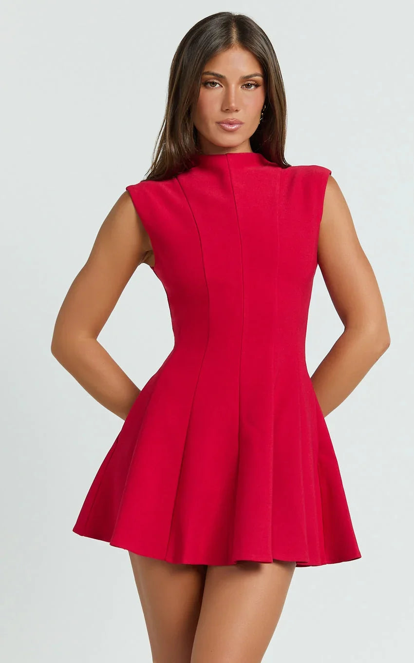 Becky Mini Dress - High Neck Sleeveless Fit And Flare Dress in Red