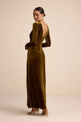 Angelina Olive Velvet Twist-Front Maxi Dress