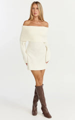 Erin Mini Dress - Cable Knit Off Shoulder Long Sleeve Dress in Cream