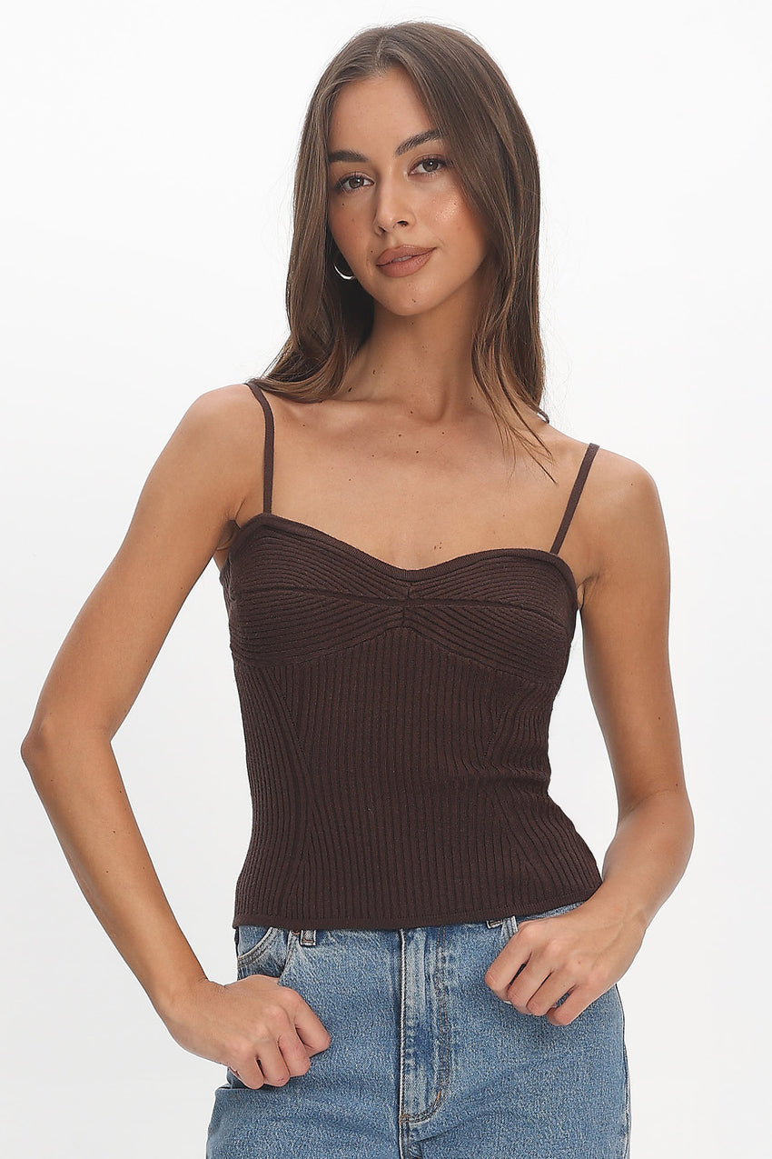 Prudence Ribbed Knit Cami Top Chocolate