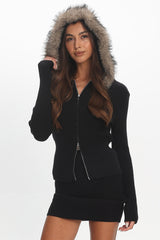 Odetta Fur Collar Knit Top Black