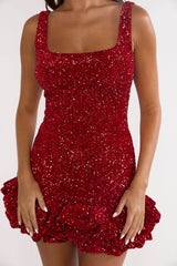 Cherry Bomb Frill Hem Romper Sequin Red