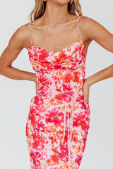Teava Laced Waist Midi Dress Floral Red