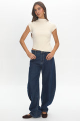 Young Hearts Asymmetric Hem Ribbed Knit Top Ivory