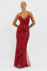 Serenade Song Godet Hem Sequin Maxi Dress Red