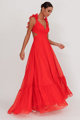 Bellamy Lace-Up Back Ruffle Maxi Dress Red