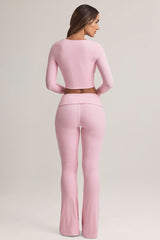 Modal Foldover Mid-Rise Flared Trousers in Pastel Pink