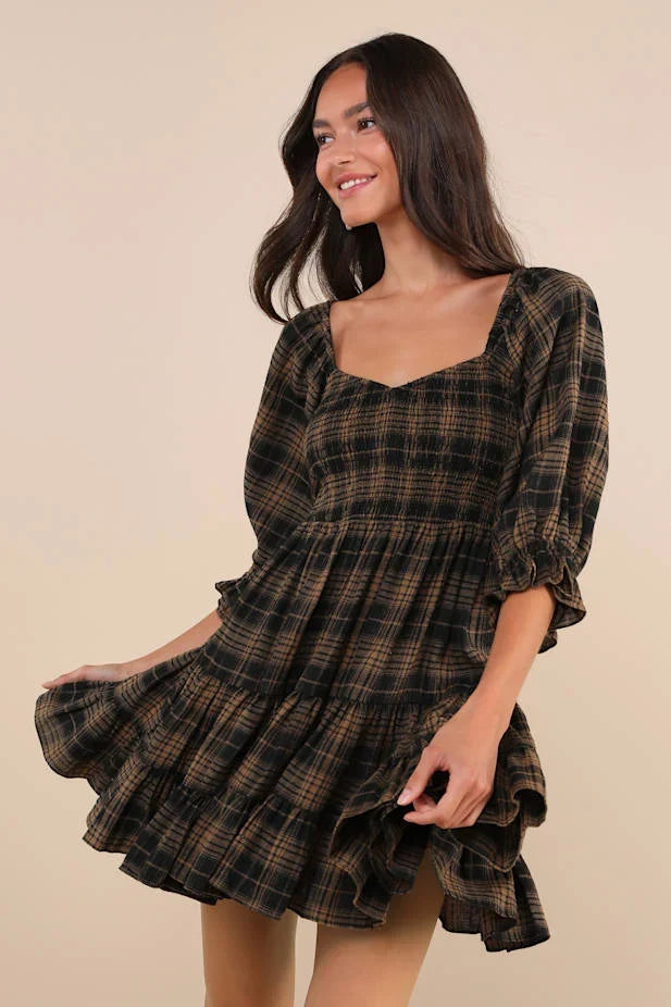 No One Cuter Black and Tan Plaid Puff Sleeve Tiered Mini Dress