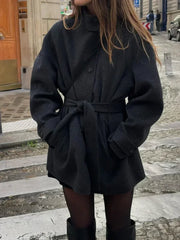 Fashion High Neck With Belt Woolen Overcoats
