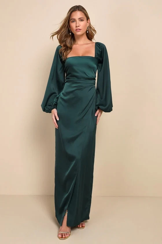Eternal Heart Emerald Green Satin Long Sleeve Maxi Dress