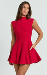 Becky Mini Dress - High Neck Sleeveless Fit And Flare Dress in Red