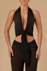 Tie-Front Halterneck Crop Top in Black