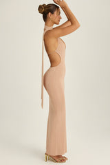 Scarf-Detail Cut-Out Halterneck Maxi Dress in Warm Peach