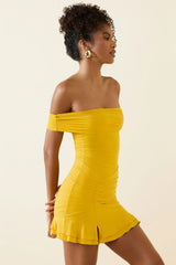 Asymmetric Ruched One-Shoulder Mini Dress in Golden Yellow