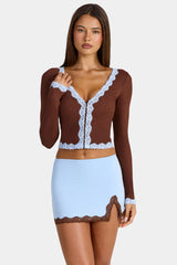 Lace-Trim Cropped Cardigan  in Cocoa Brown