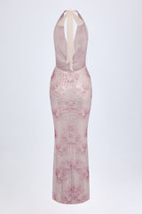 Embellished Cowl-Neck Maxi Dress in Pink White Hotfix